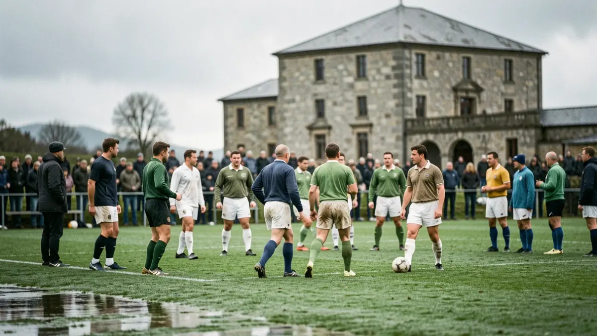 Imaxe dun equipo de fútbol adestrando nun campo mollado en Galicia hai 60 anos.