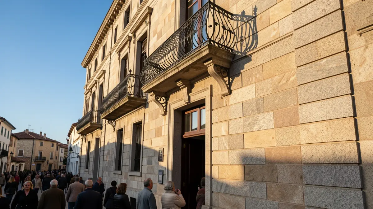 Imaxe xenérica dun concello galego de granito con balcón de ferro, á luz do sol da tarde.