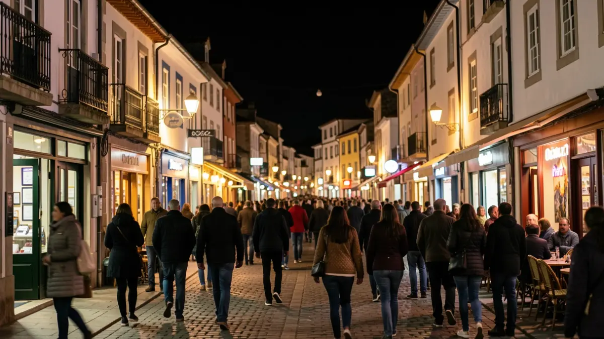 Imaxe xenérica dunha rúa nocturna animada en Sanxenxo, con luces borrosas de locais de ocio.
