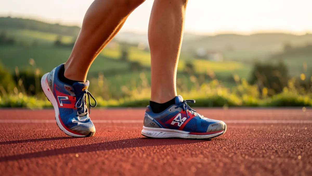 Primer plano de una zapatilla de triatleta sobre hierba, con paisaje gallego al fondo.