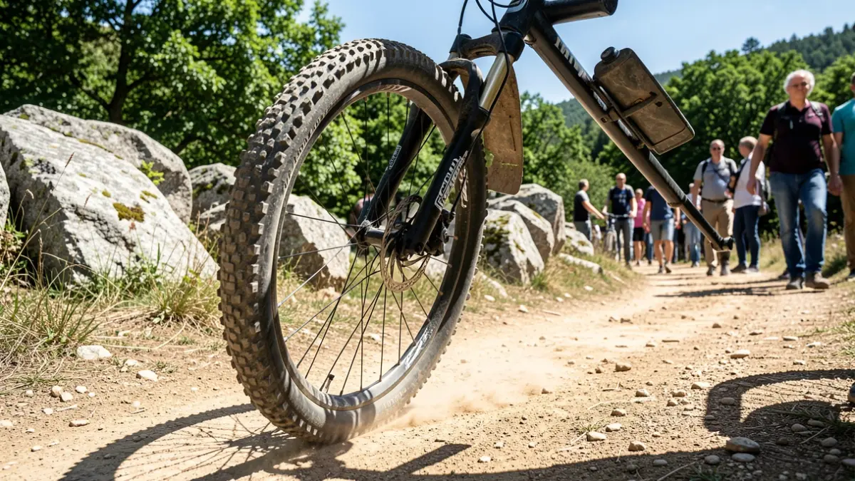 Imaxe xenérica dunha roda de bicicleta de montaña nun sendeiro de Galicia.