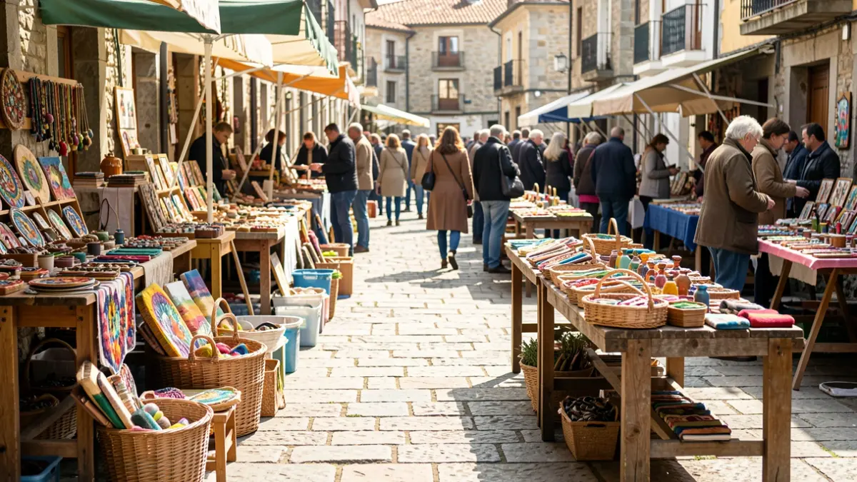 Imaxe dun mercadillo solidario nunha praza con artesanía e ambiente festivo.
