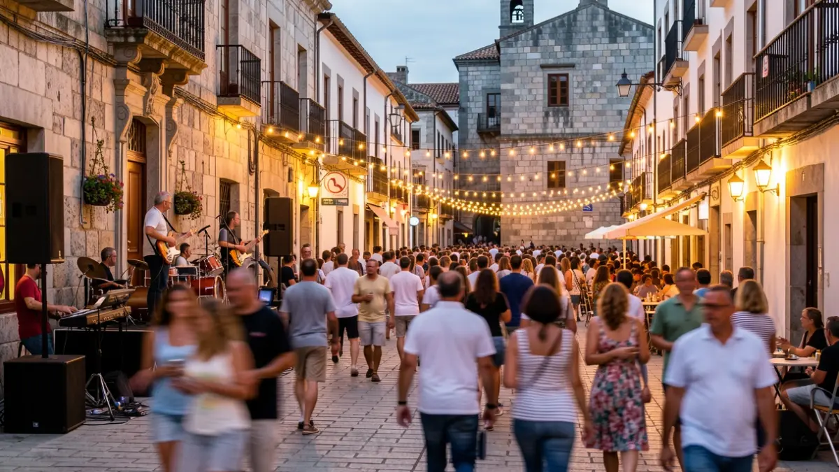 Imagen genérica de una calle gallega con gente y luces durante una fiesta popular.
