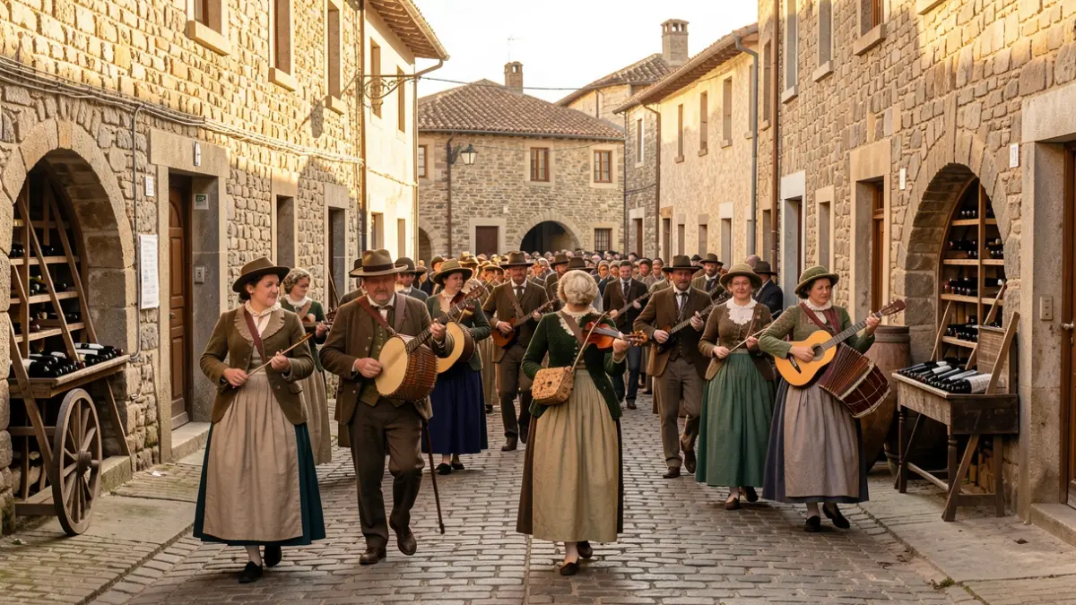 Calle tradicional de Seixalbo con gente vestida de época y música.