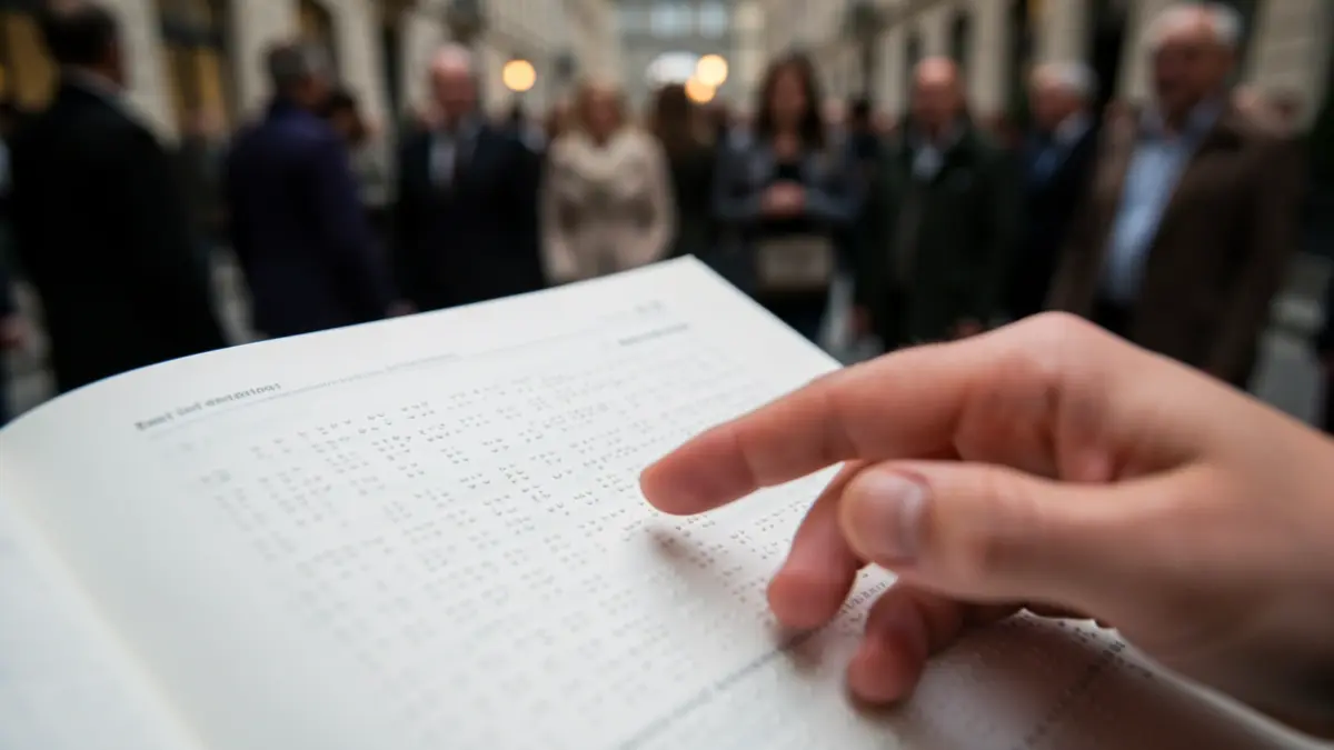 Primer plano de una página de libro en Braille con una mano borrosa acercándose.