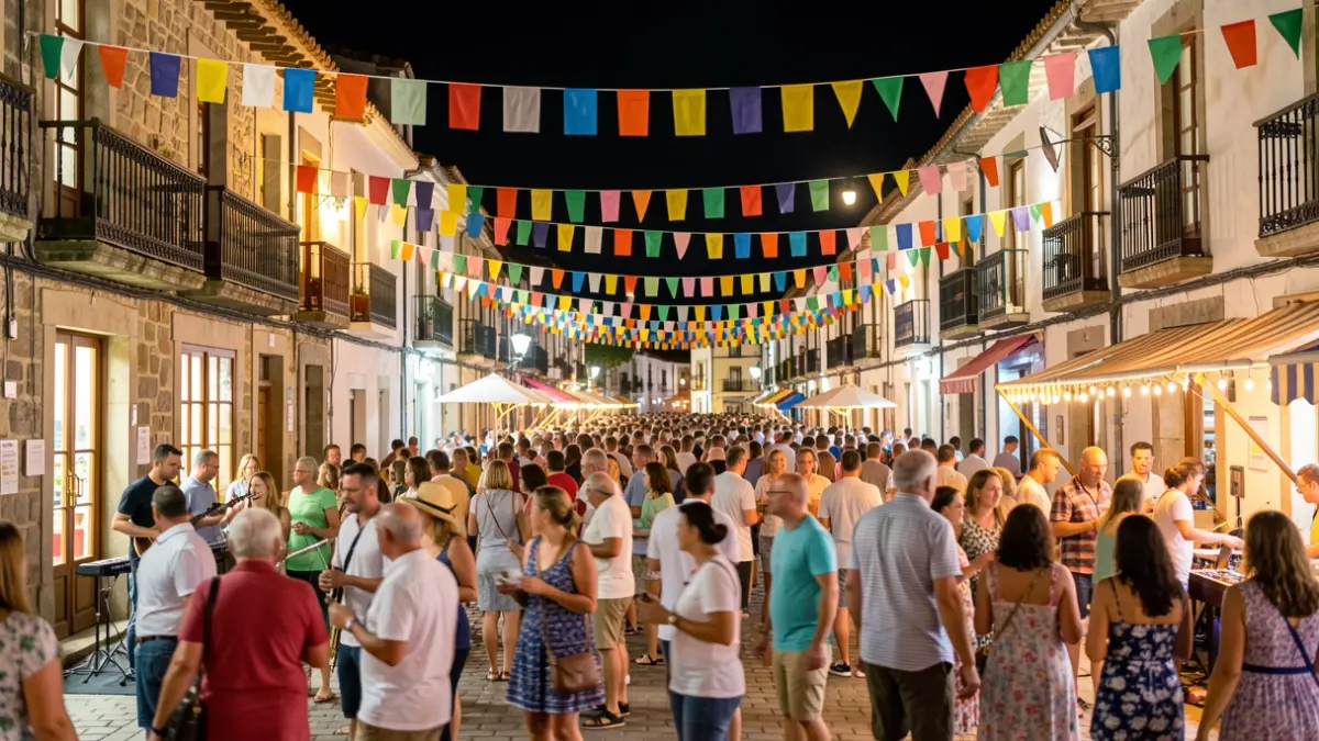 Imaxe xenérica dunha festa de verán en Galicia con xente, música e decoración festiva.