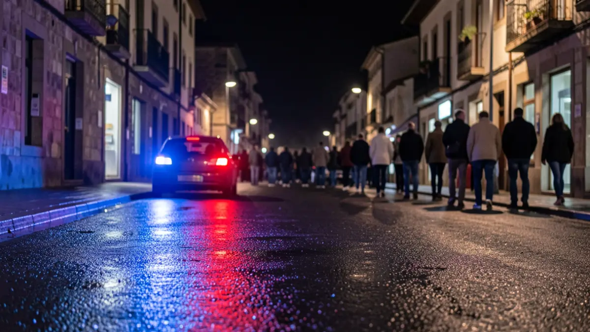 Imaxe xenérica de luces de emerxencia policiais reflectindo nunha estrada mollada pola noite.