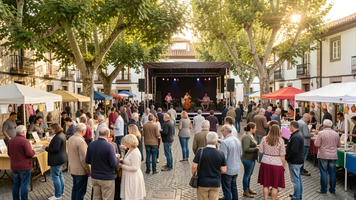 Imagen genérica de un evento comunitario al aire libre en una plaza gallega con escenario, puestos y gente.