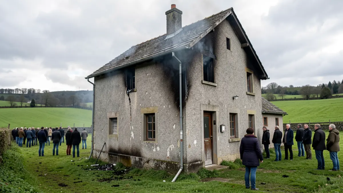 Imagen de una casa rural en Vilasantar dañada por un incendio.