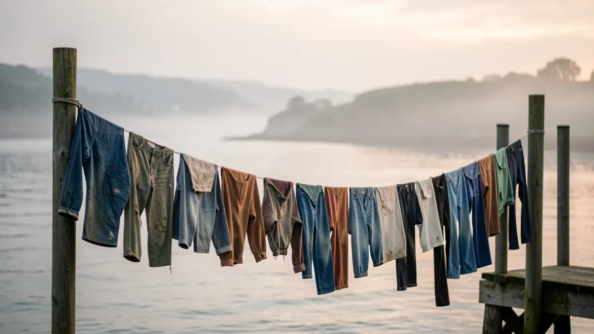Un largo y colorido tendedero hecho de ropa de trabajo de marineros y mariscadoras colgado en un muelle al amanecer.