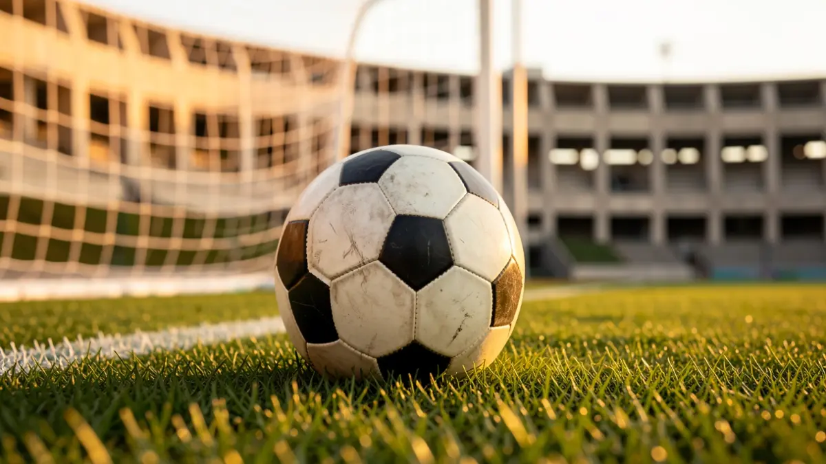 Imaxe xenérica dun balón de fútbol sobre herba con rede borrosa ao fondo.