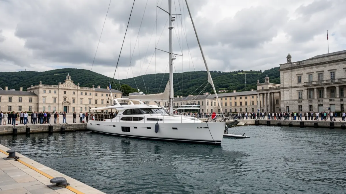 Imagen de un yate a motor-vela amarrado en un puerto de academia naval con arquitectura de granito.