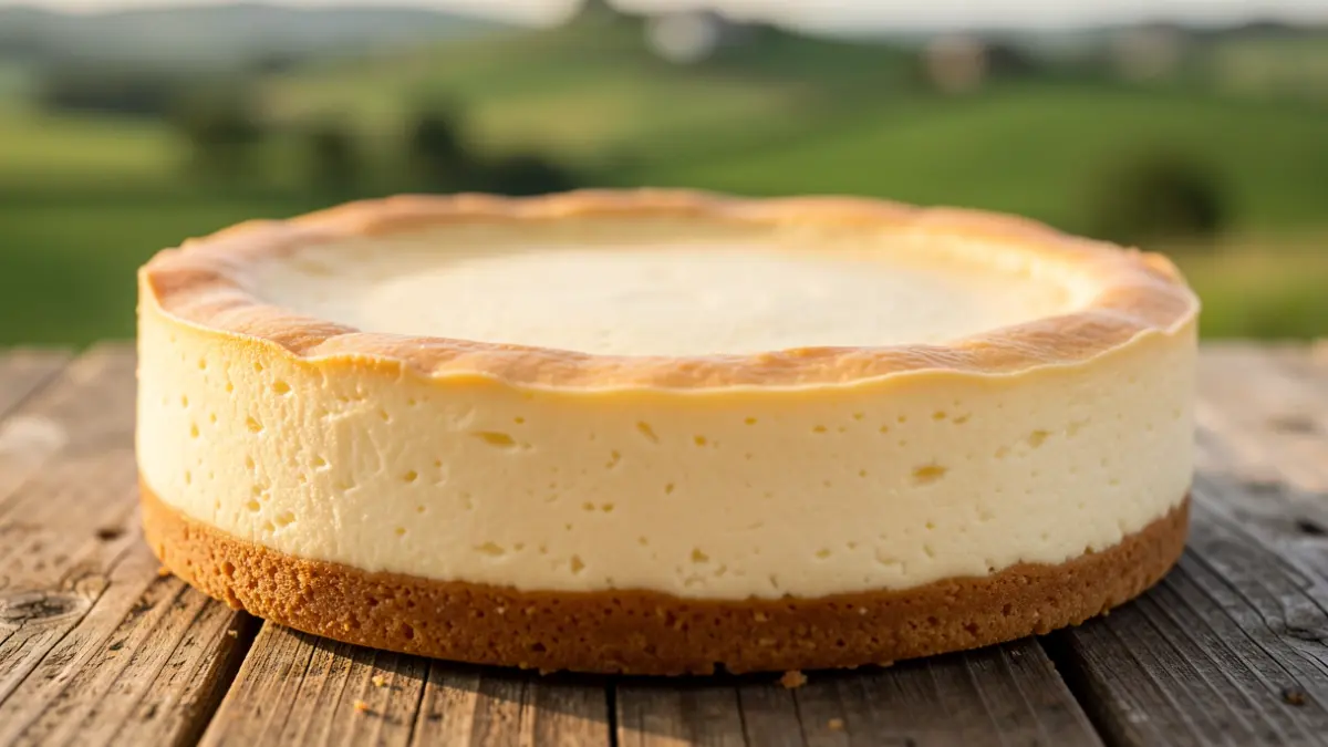 Primeira plana dunha tarta de queixo cremosa feita con queixo galego.