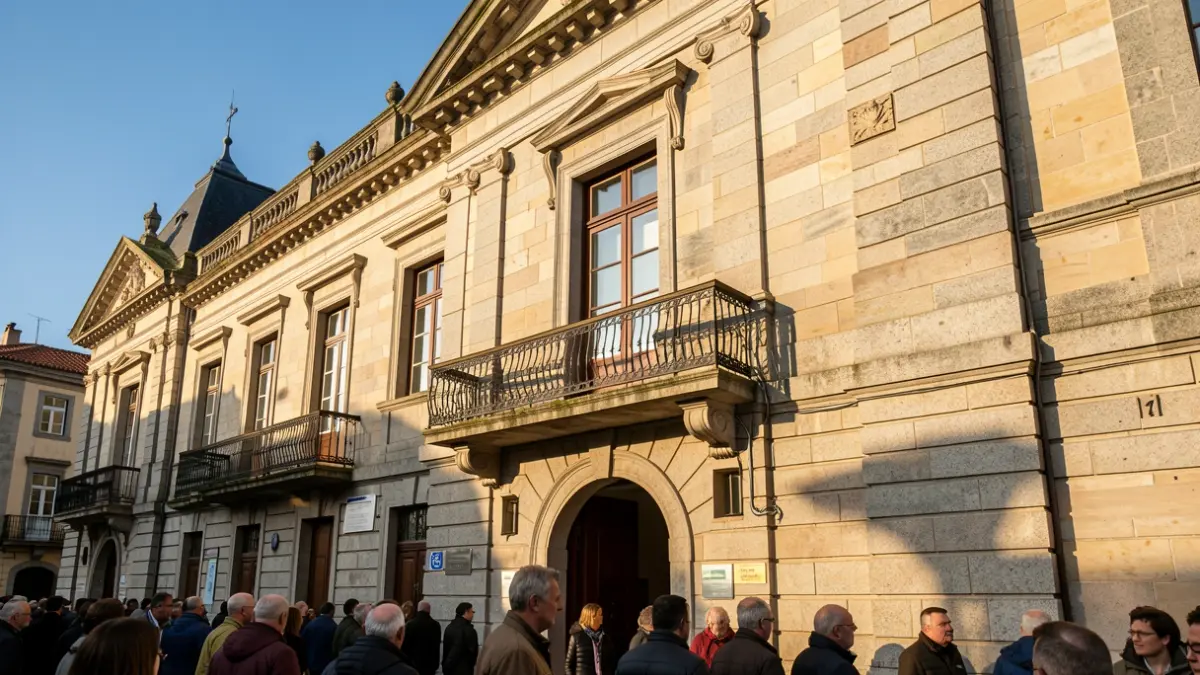 Imaxe xenérica dun concello galego de granito con balcón ornamentado.