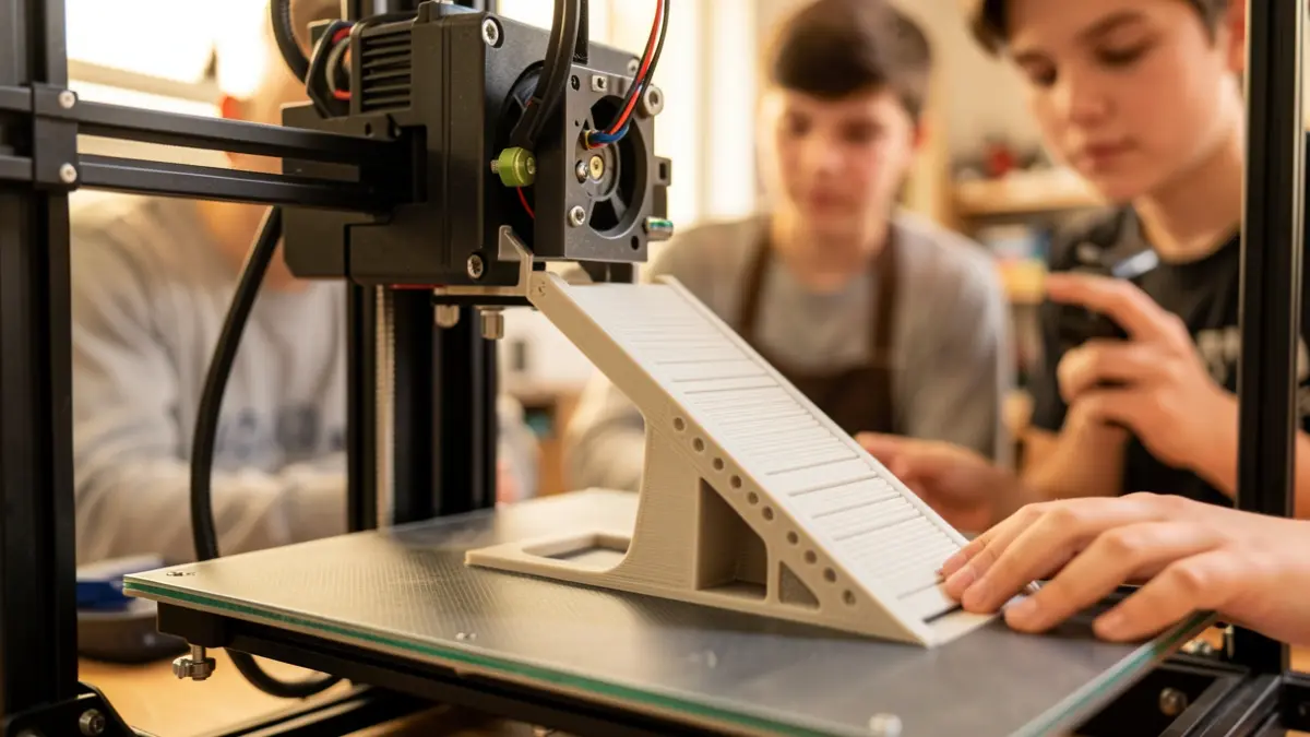 Imagen de una impresora 3D creando una rampa, con manos de adolescentes al fondo.