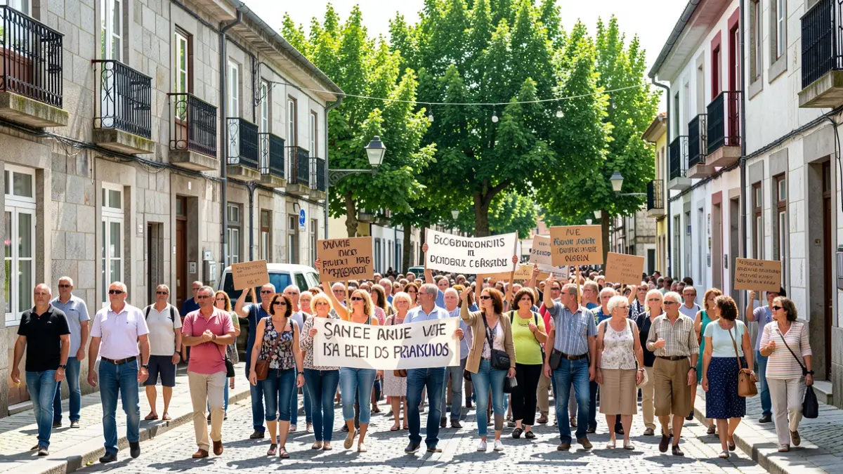 Imaxe dunha manifestación veciñal en Teis, con xente de distintas idades e pancartas diante de edificios de granito.