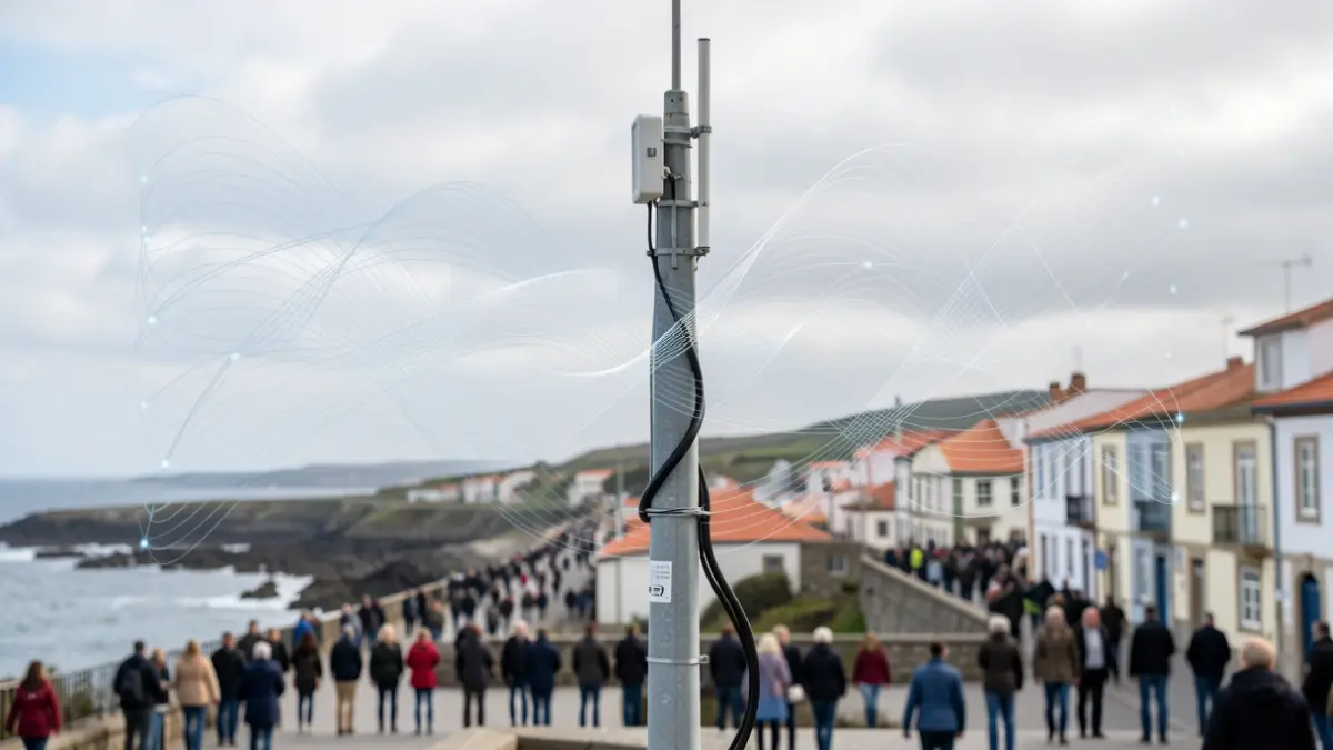 Imaxe xenérica de antena de telefonía móbil con ondas dixitais sobre unha vila costeira galega.