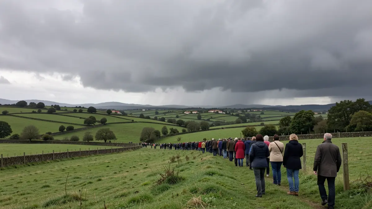 Imaxe xenérica dun ceo cuberto con nubes escuras sobre unha paisaxe verde galega.