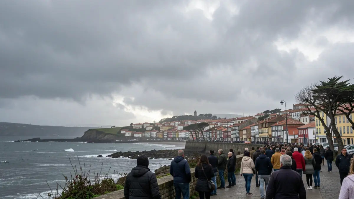 Imaxe xenérica de ceo cuberto con nubes escuras sobre unha vila costeira galega.