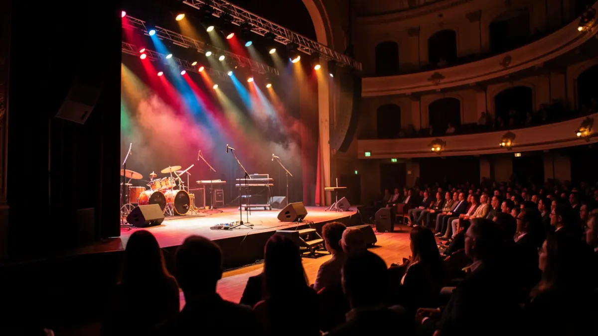 Imagen genérica de un escenario vacío en una sala de conciertos gallega con luces de colores.