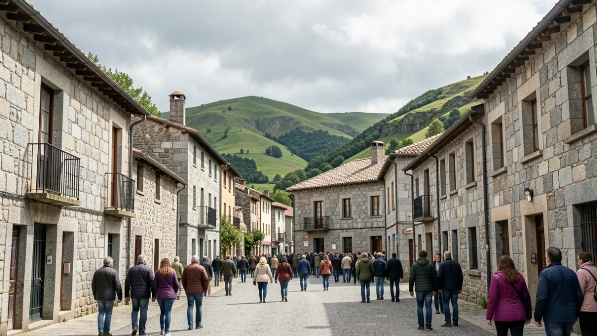 Imaxe xenérica dun val galego con arquitectura de pedra e outeiros verdes baixo un ceo nubrado.