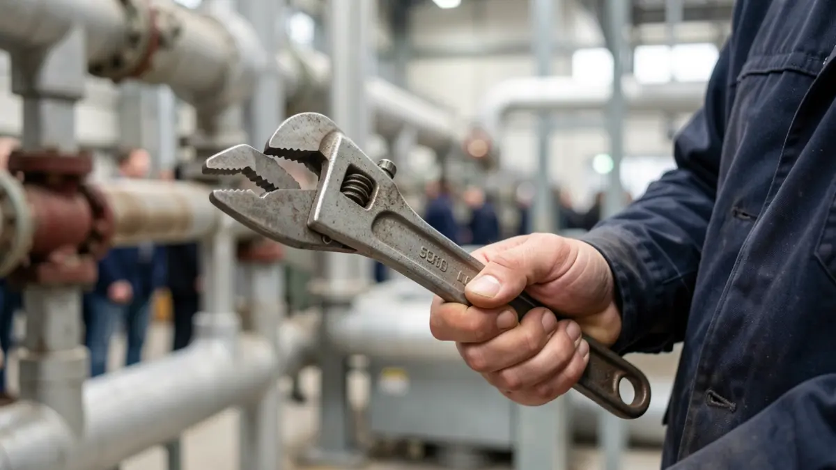 Primeira plana dunha chave inglesa sostida por unha man, con tubaxes industriais borrosas de fondo.