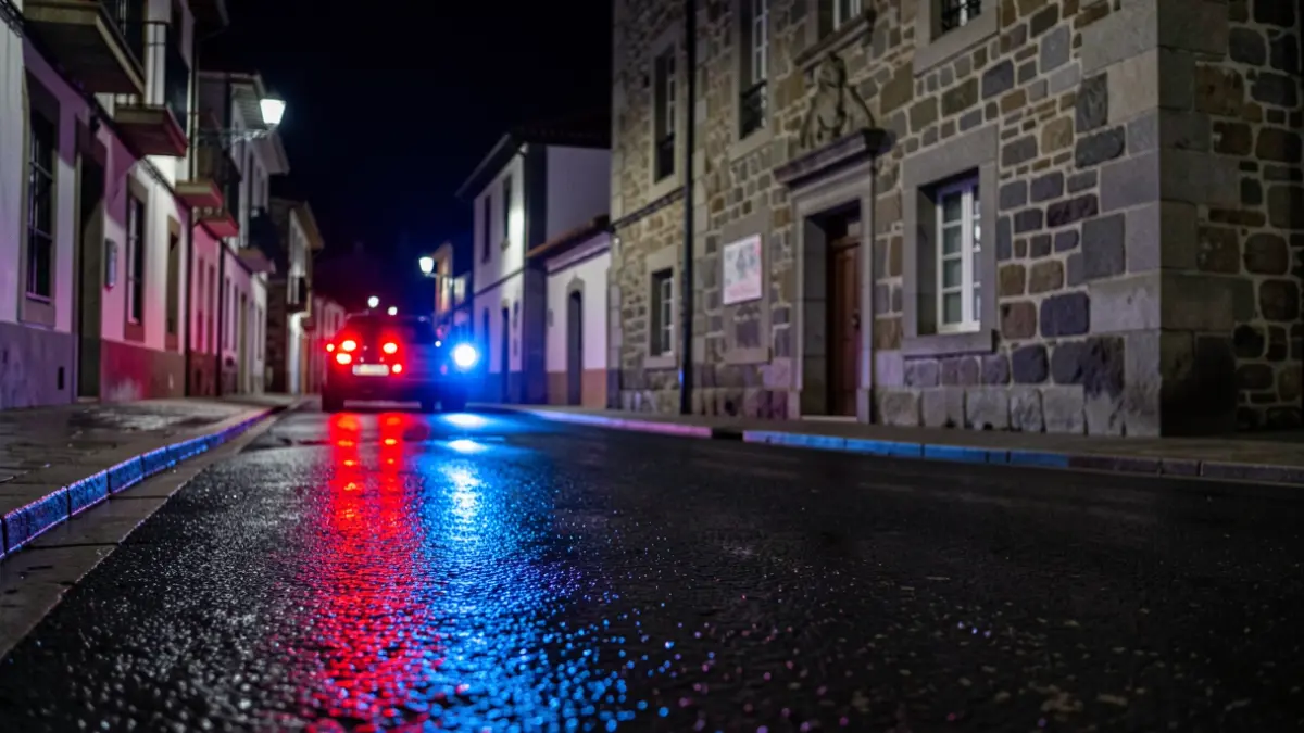 Imagen genérica de luces de emergencia reflejando en una carretera mojada por la noche.