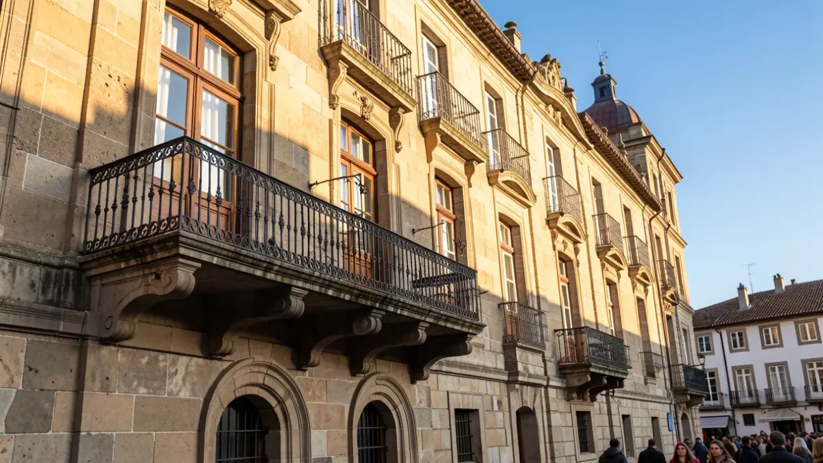 Imagen genérica de un ayuntamiento gallego de piedra con balcón ornamentado.