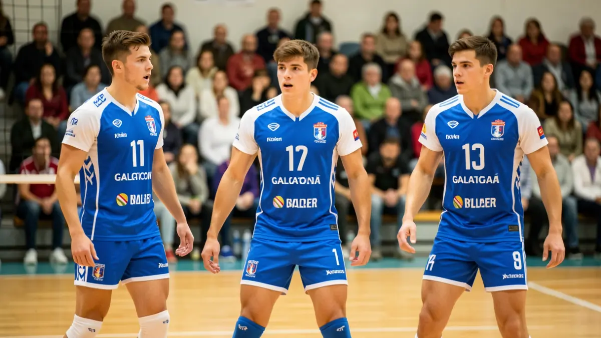 Imaxe xenérica de tres mozos xogadores de voleibol coa selección galega.