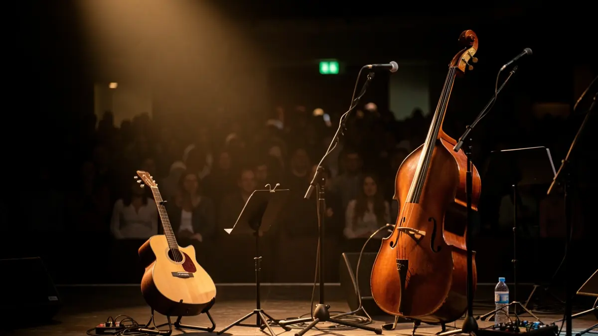 Imagen genérica de un escenario con instrumentos musicales y público difuminado.