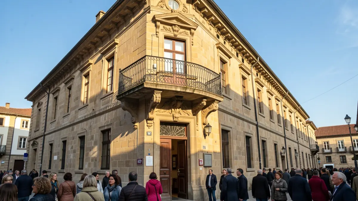 Imaxe xenérica dun concello de pedra galego con balcón ornamentado e raís de ferro, luz solar cálida da tarde.