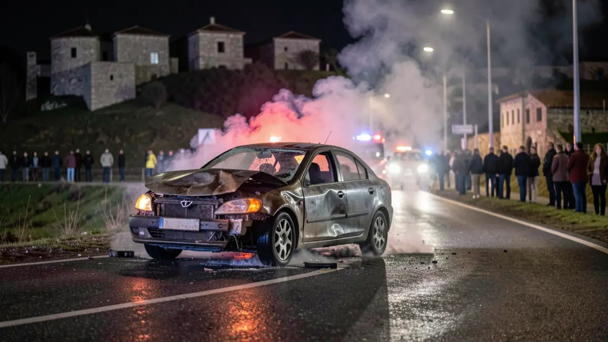 Imagen de un coche incendiado en el arcén de una carretera por la noche en Galicia.