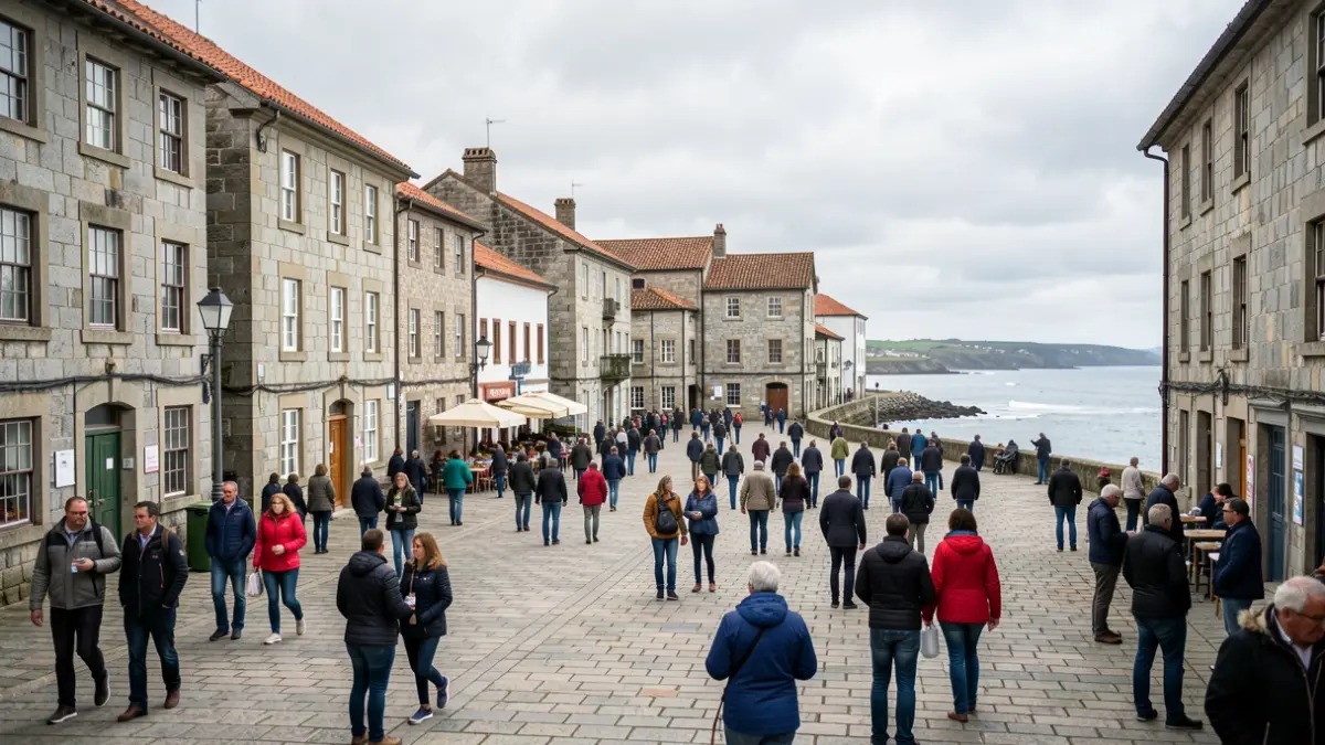 Imaxe xenérica dunha praza costeira galega con arquitectura de granito, mestura de turistas e residentes.