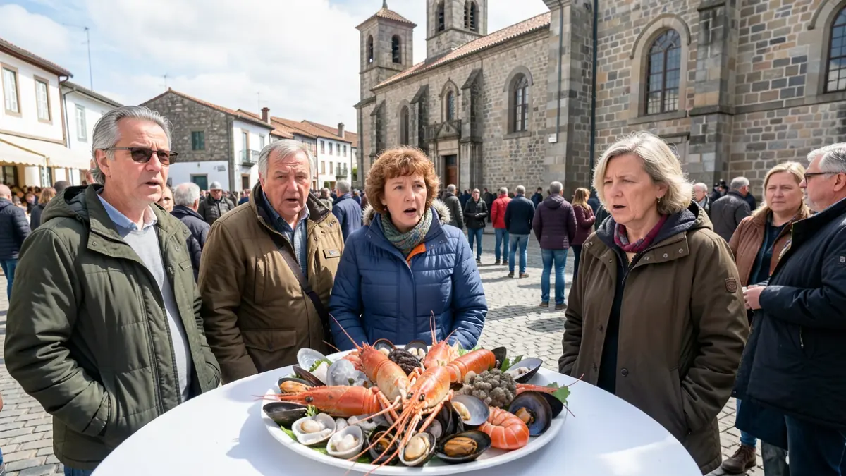 Imaxe xenérica dun grupo de turistas sorprendidos ante unha mesa con marisco nunha praza galega.