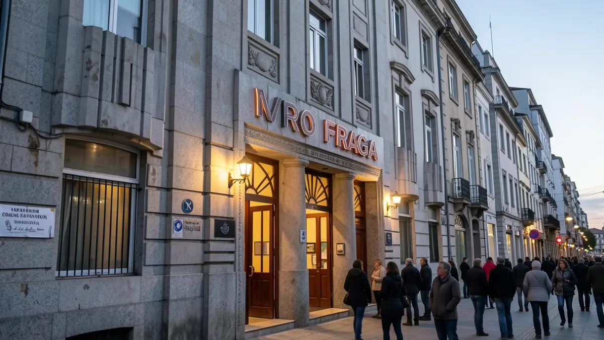Fachada do histórico Cine Fraga en Vigo, Galicia, con detalles de granito e elementos art déco, iluminado ao anoitecer.