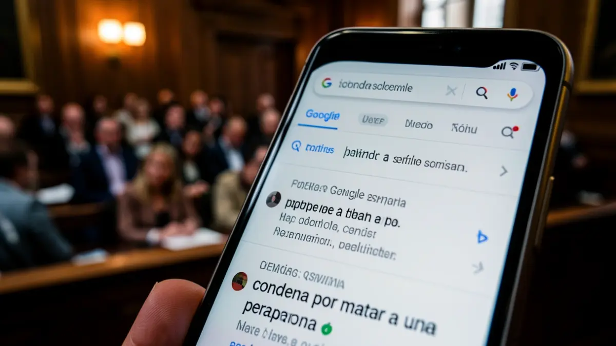 Pantalla de teléfono móvil mostrando resultados de búsqueda de Google sobre condenas por asesinato, con fondo de sala de juicios.