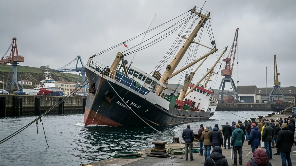 Imagen de un buque pesquero encallado y escorado en un varadero de Vigo.