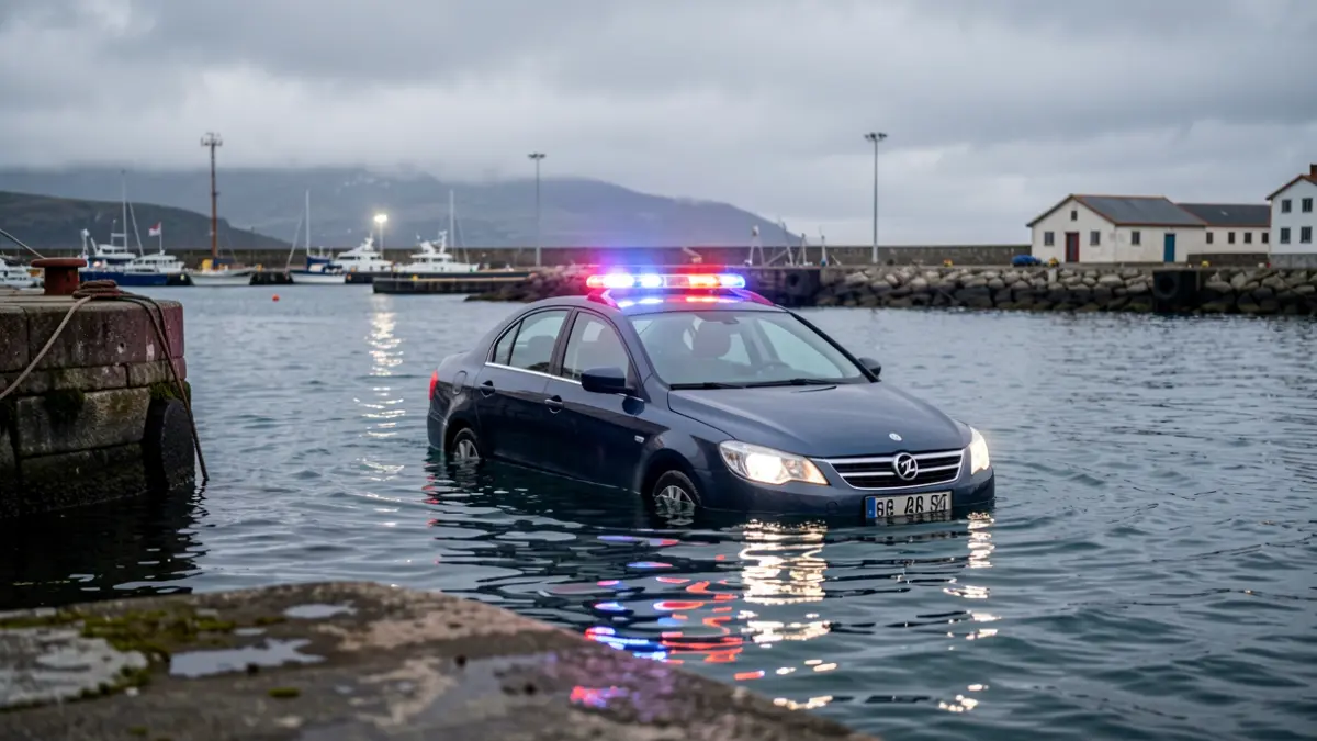 Imagen genérica de un coche hundiéndose en el mar en un muelle con luces de emergencia.