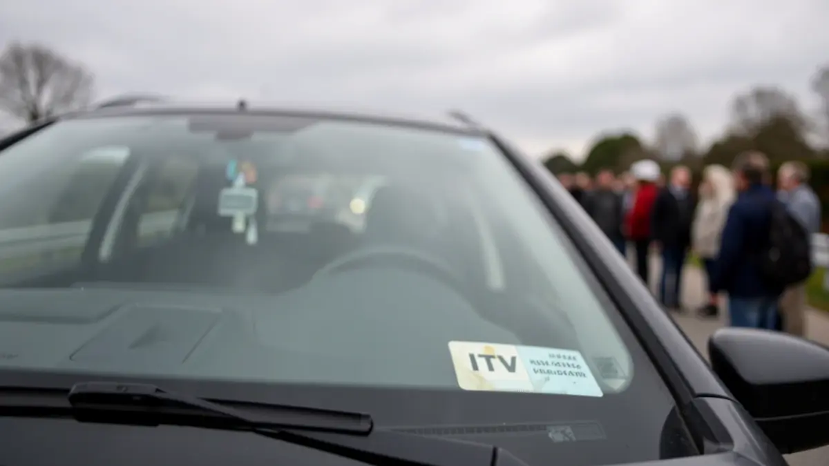 Primeira plana dun coche coa etiqueta da ITV caducada no parabrisas.