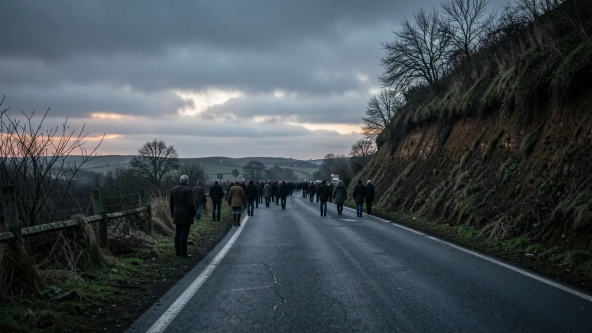 Imagen de una carretera secundaria en Galicia con un fuerte desnivel lateral.