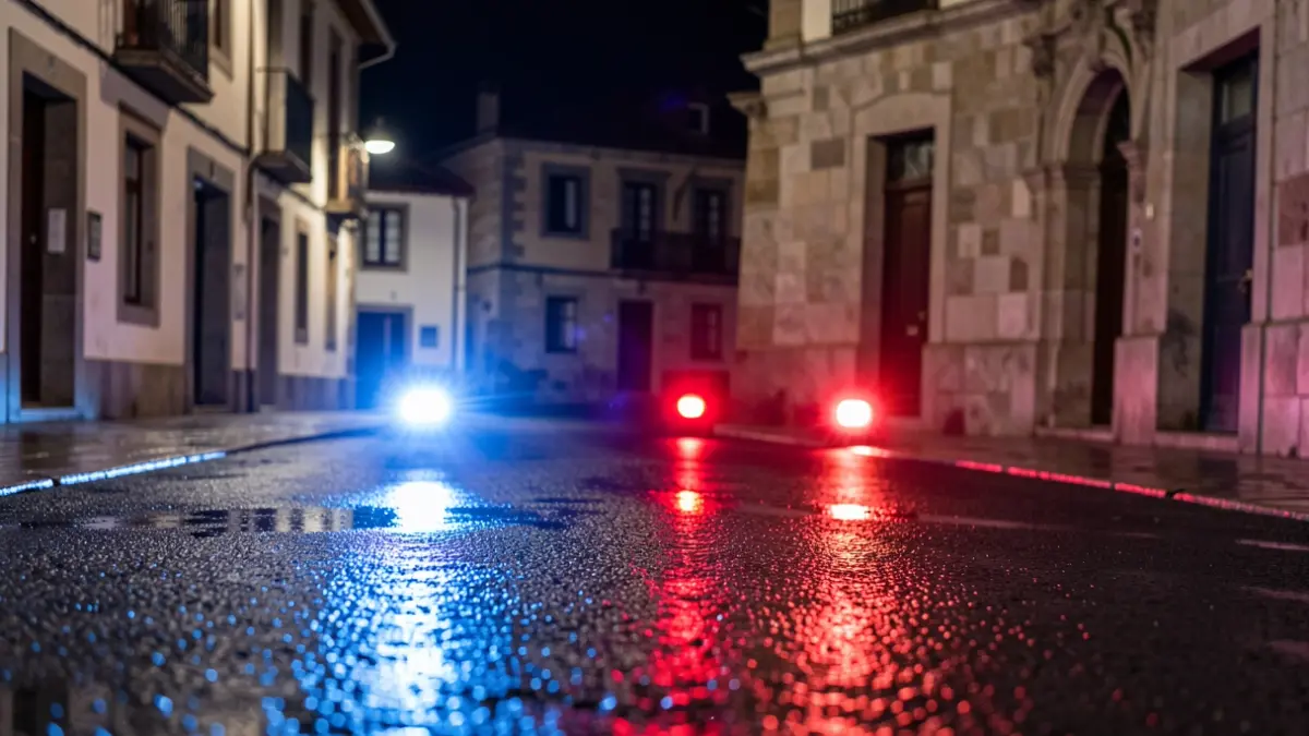Imagen genérica de luces de emergencia policiales reflejando en una carretera mojada por la noche.