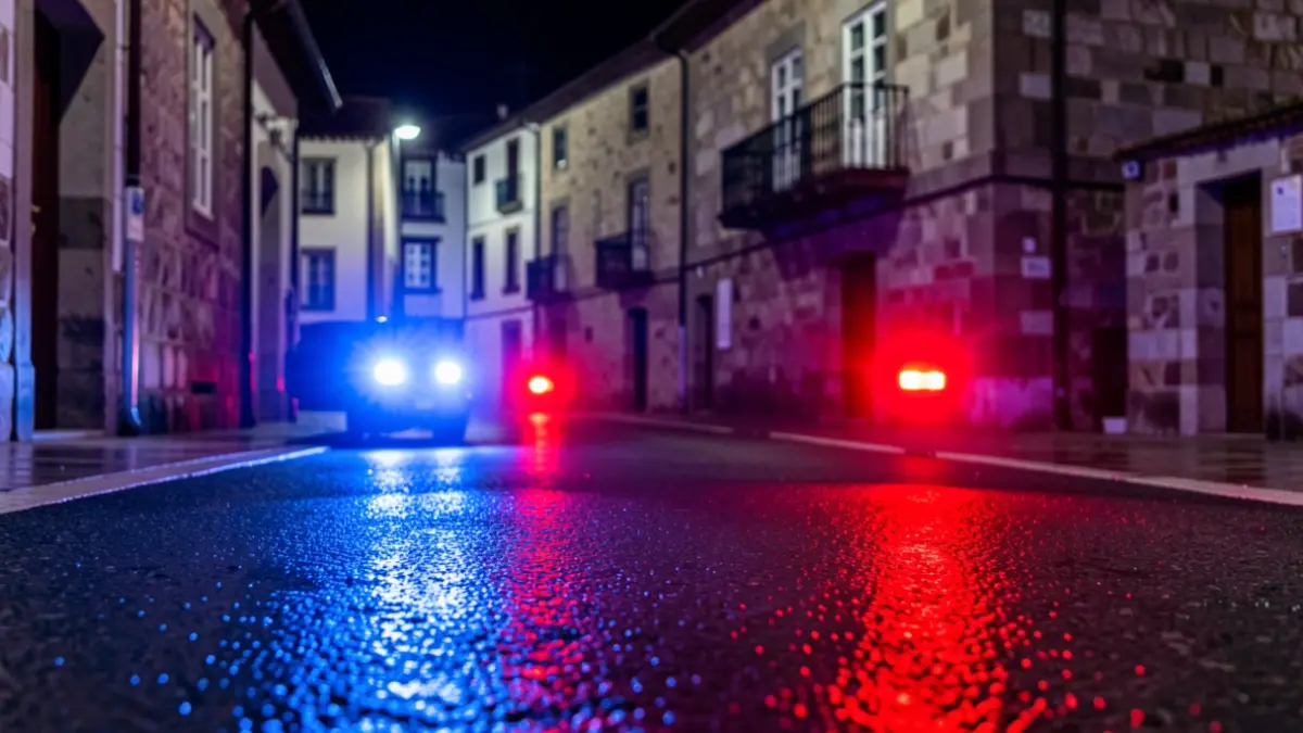 Imaxe xenérica de luces de emerxencia reflectindo nunha rúa mollada pola noite.
