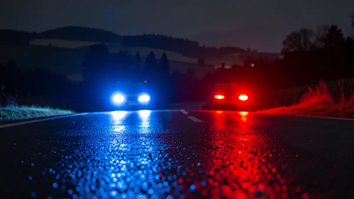 Imagen genérica de luces de emergencia azules y rojas reflejando en una carretera mojada por la noche.