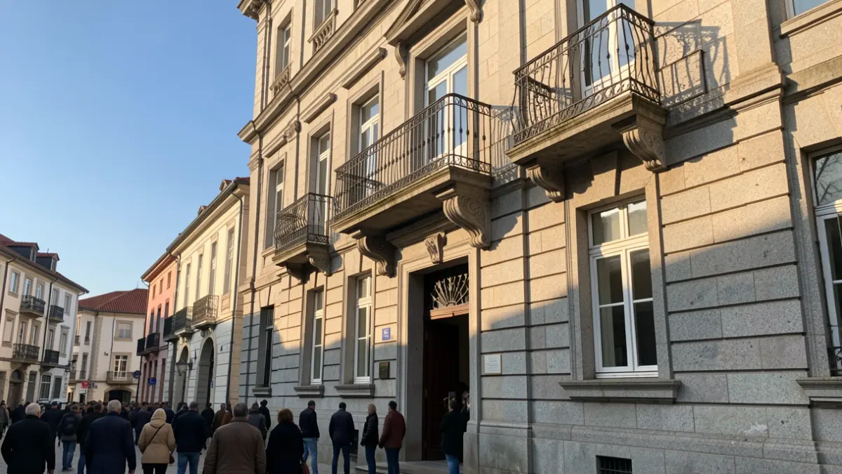 Imaxe xenérica dun concello de pedra galego con balcón ornamentado e raís de ferro, luz solar cálida da tarde, ceo azul.