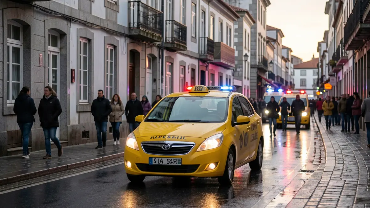 Imaxe xenérica dun taxi circulando nunha rúa mollada da Coruña ao amencer, con luces de emerxencia borrosas.