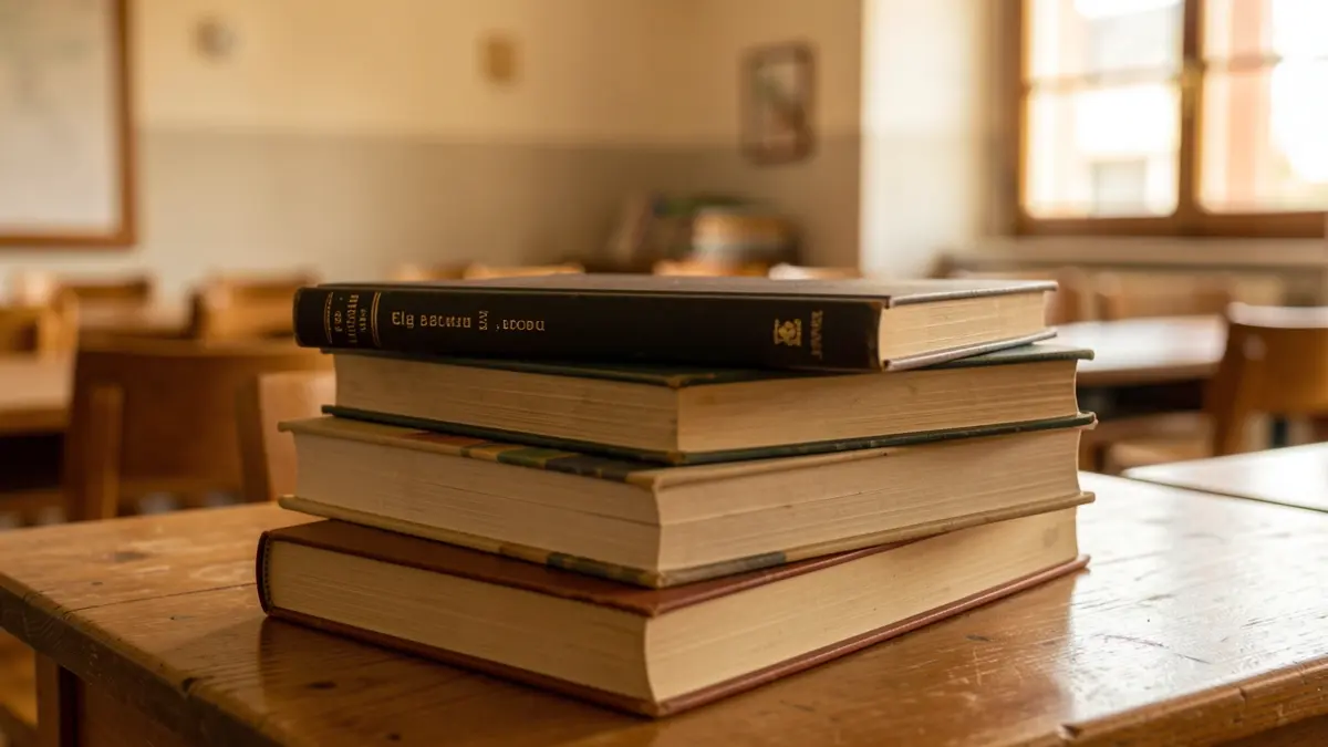 Primer plano de una pila de libros académicos sobre un escritorio de madera, con un fondo borroso de un aula en Galicia.