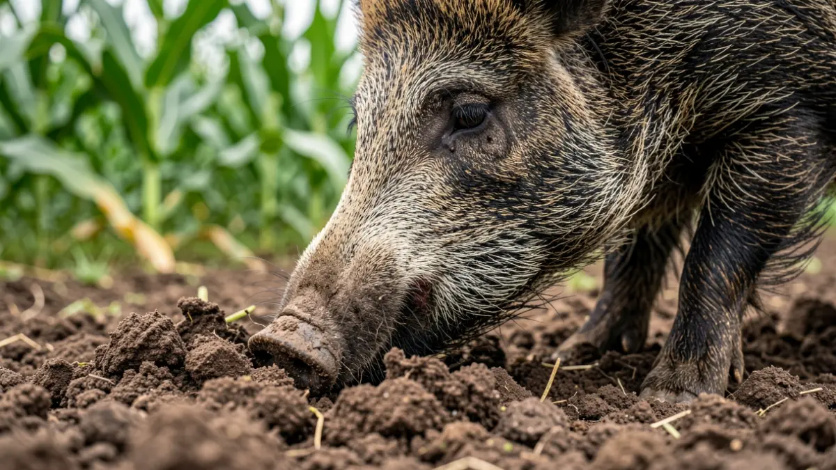 Primer plano dun xabaril escavando nun campo de millo en Galicia.