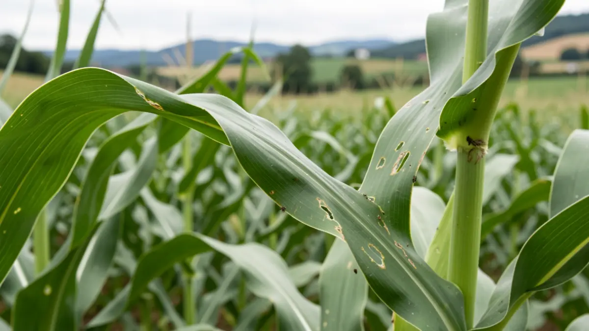 Imagen genérica de hojas de maíz afectadas por plagas en un campo de cultivo.