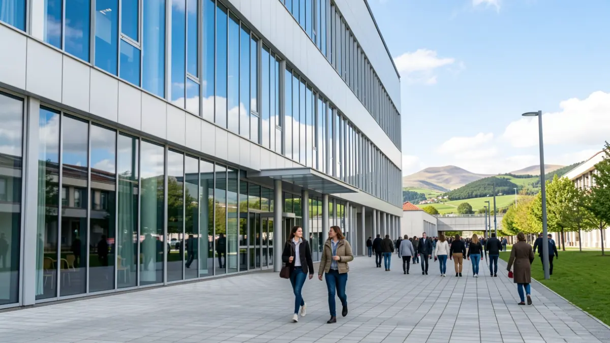 Imaxe xenérica dun edificio universitario moderno con estudantes.
