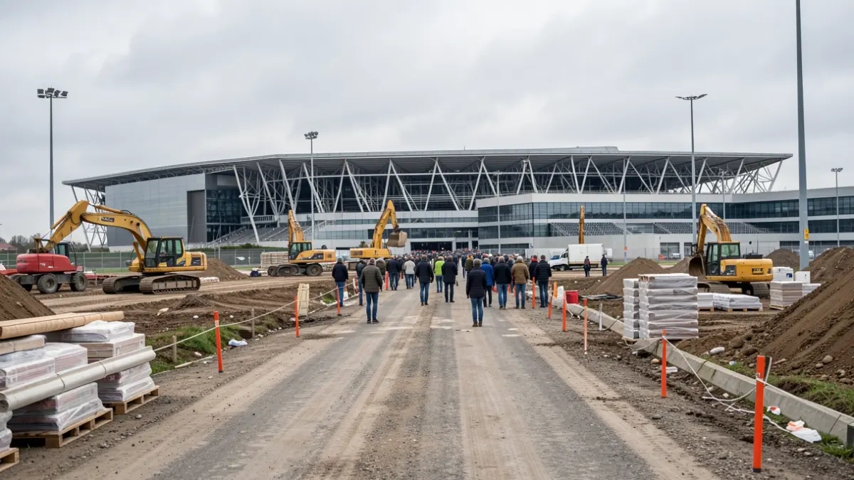 Imagen genérica de obras de urbanización con una excavadora y materiales de construcción.
